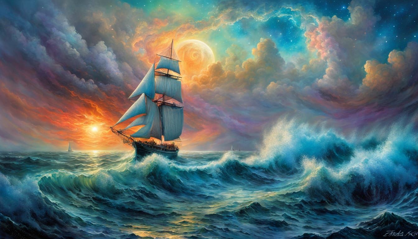 Surreal Sailboat Amidst Ocean and Nebula