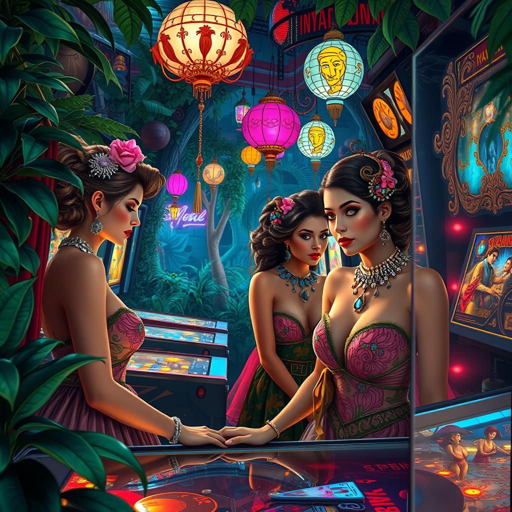 Neon Arcade Women Playing Pinball: Dreamlike Concept Art