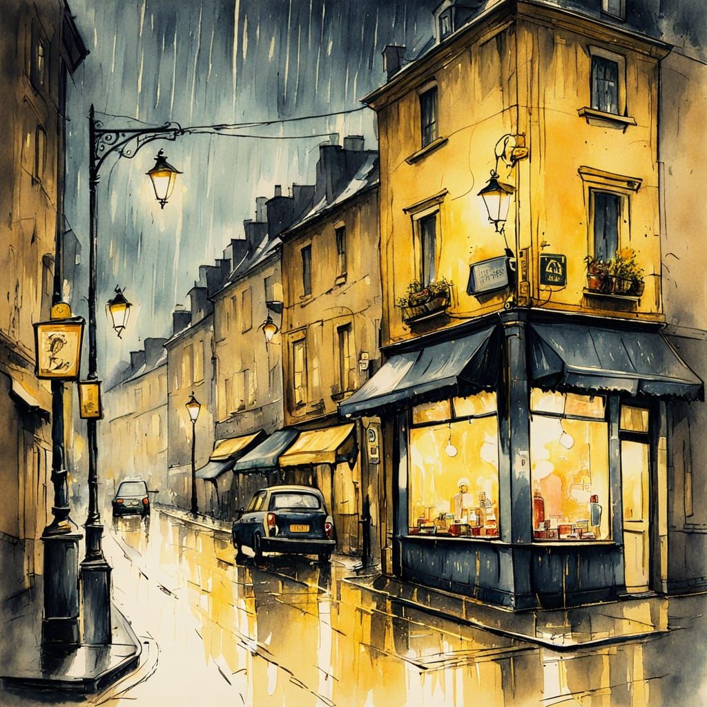 City in Rain: European Alcohol Painting with Sketch Art