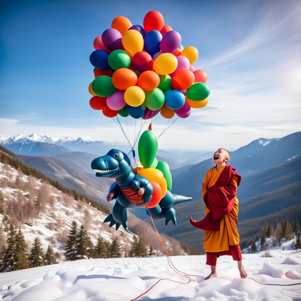 Balloon Dinosaur with Buddhist Monk in Snowy Mountains