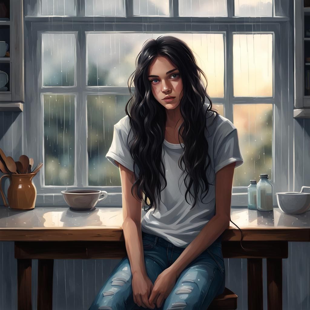 Girl at Kitchen Table on Rainy Night