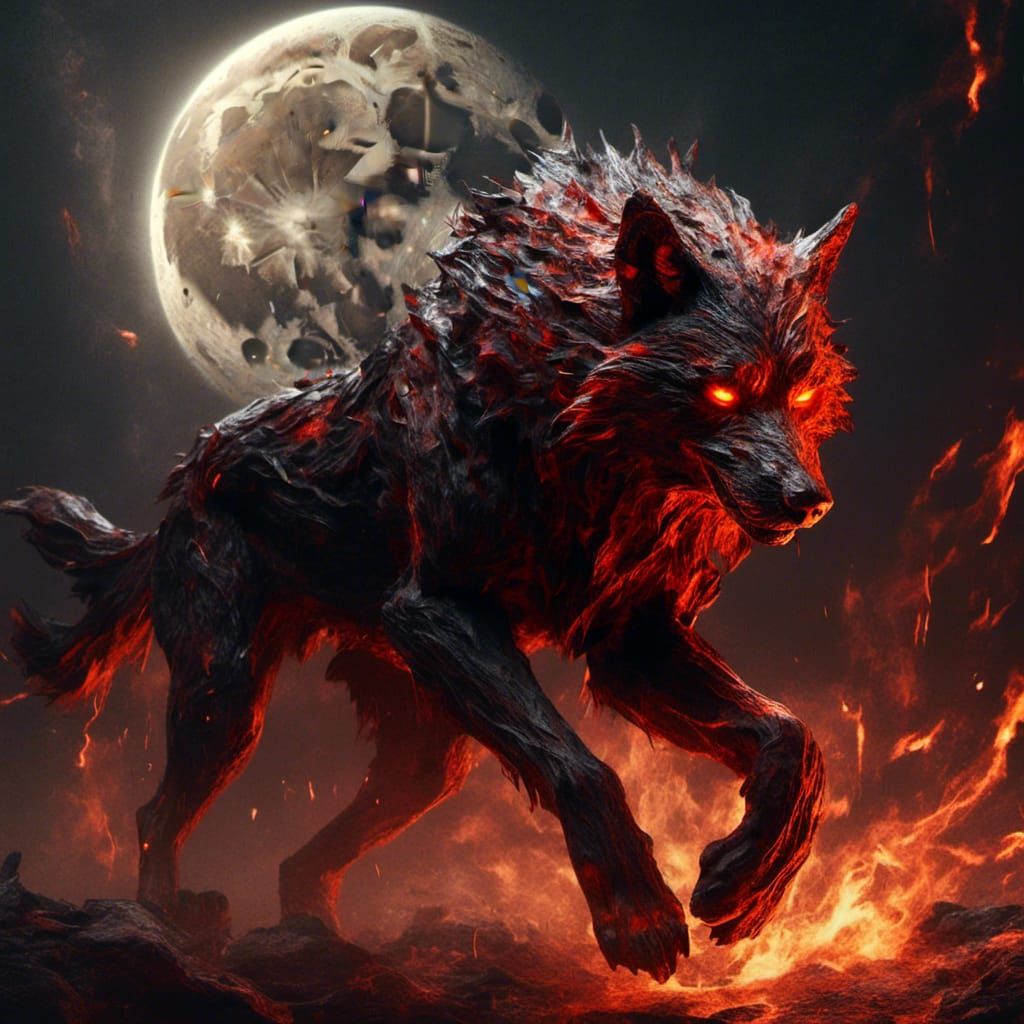Fiery Vermillion Wolf Walking Under the Moon