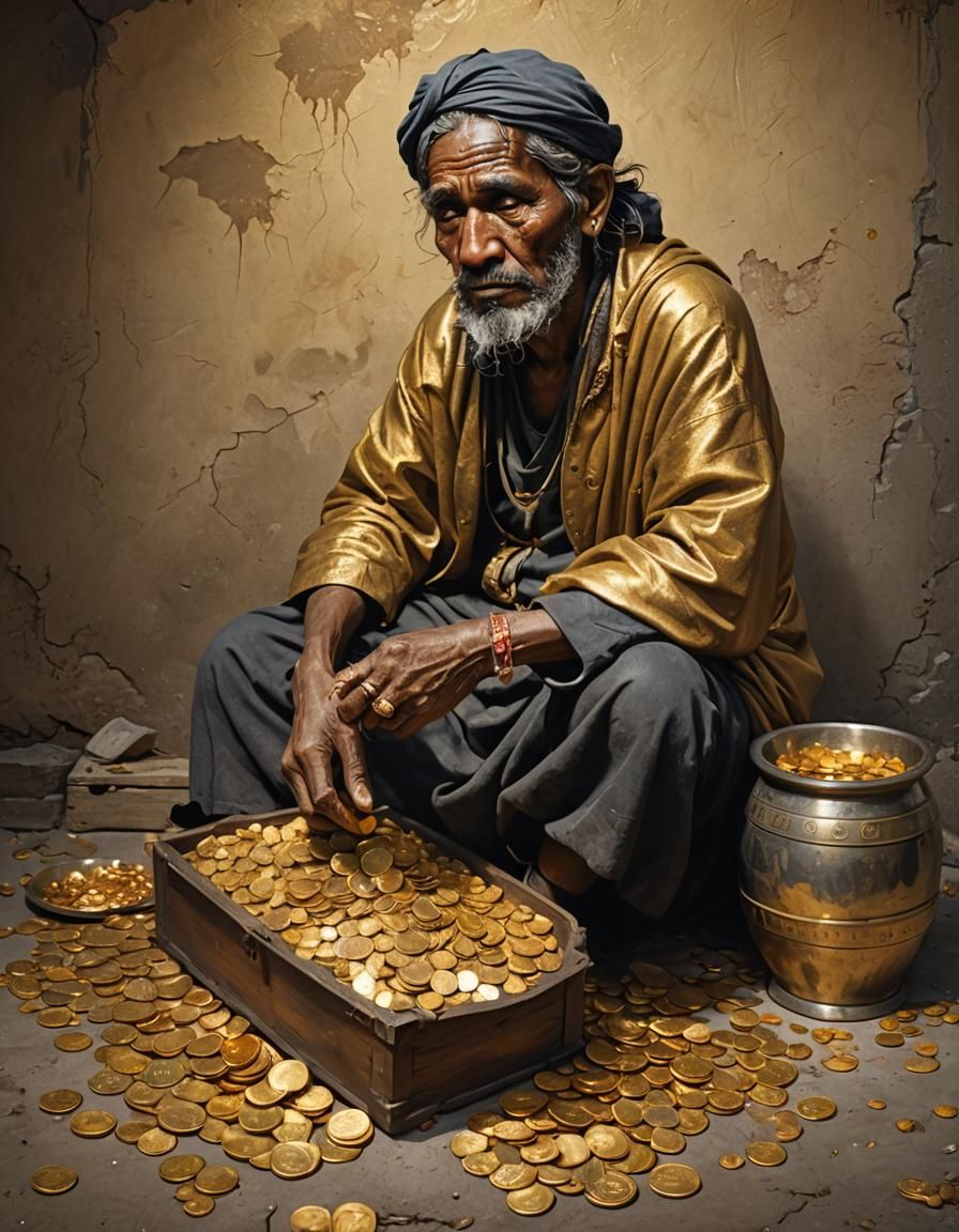 Beggar with Gold Chest, Hyperrealistic Splash Art