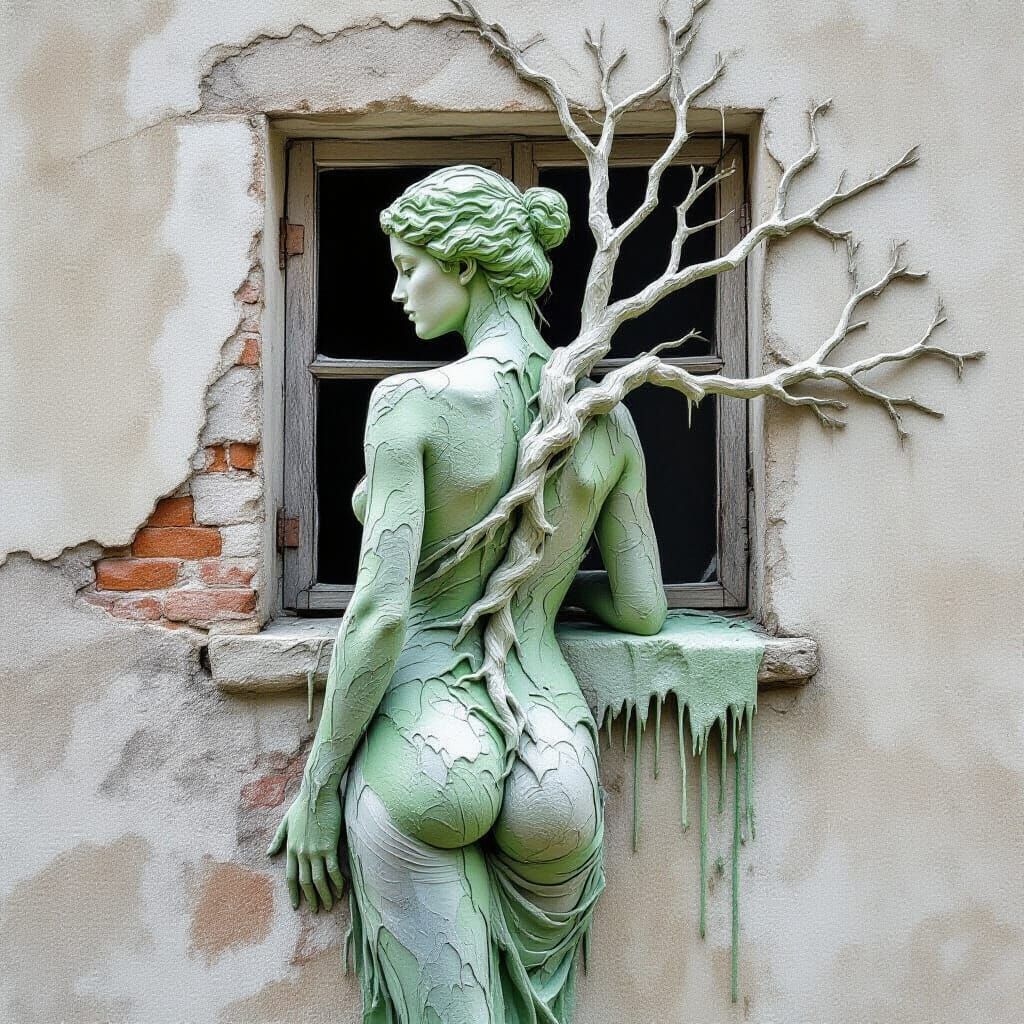 Sculpted Woman Emerging from Wall, Gritty Oil Painting