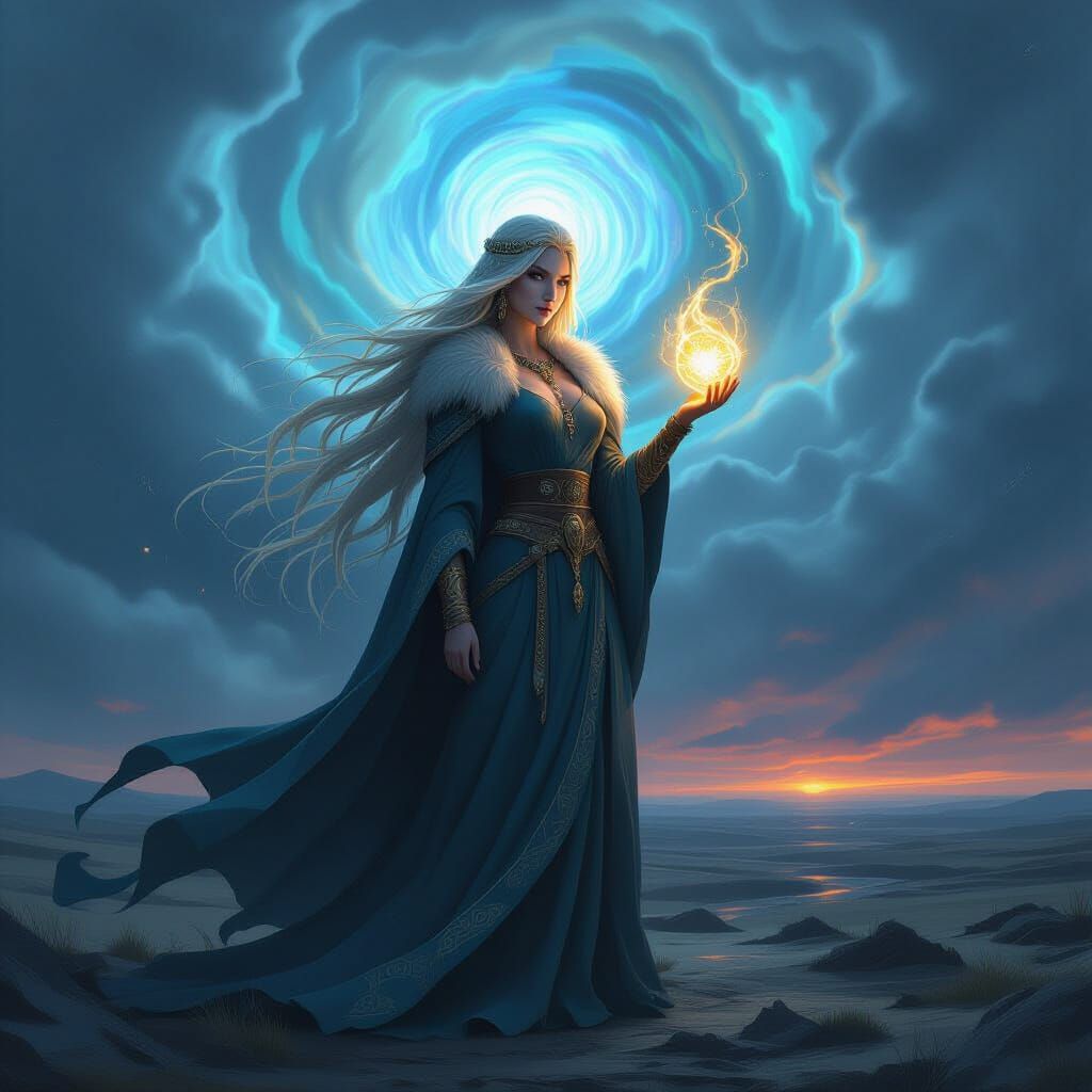 Norse Goddess in Abstract Landscape with Anime Grace