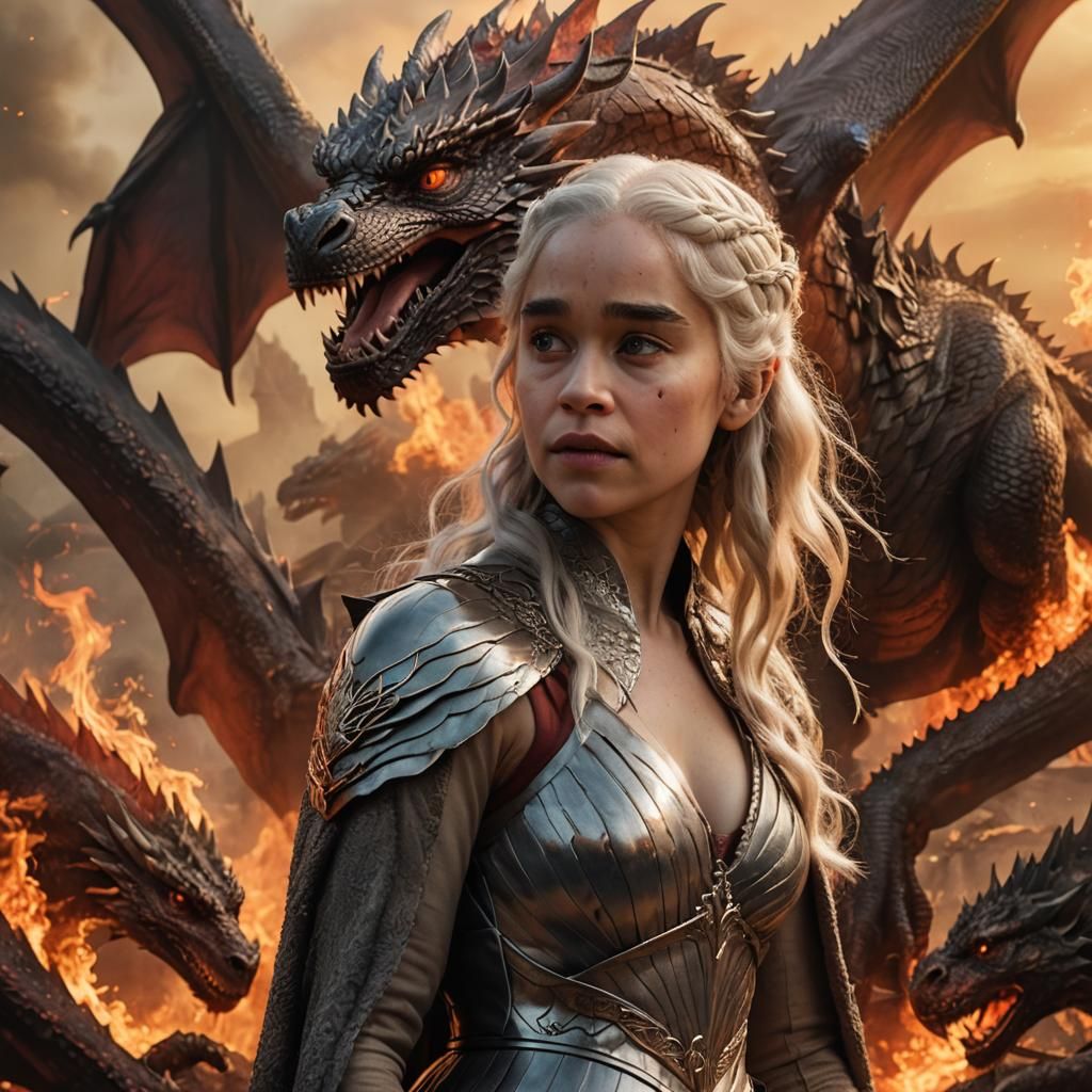 Dragon Queen Amidst Inferno, Romantic Painting Style