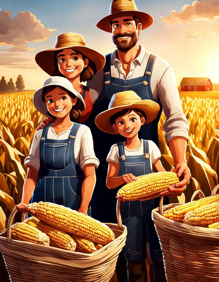 Happy Farmer Family at Dawn: Photorealistic Painting