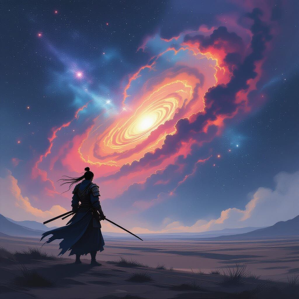 Samurai Warrior Under Cosmic Nebula Sky