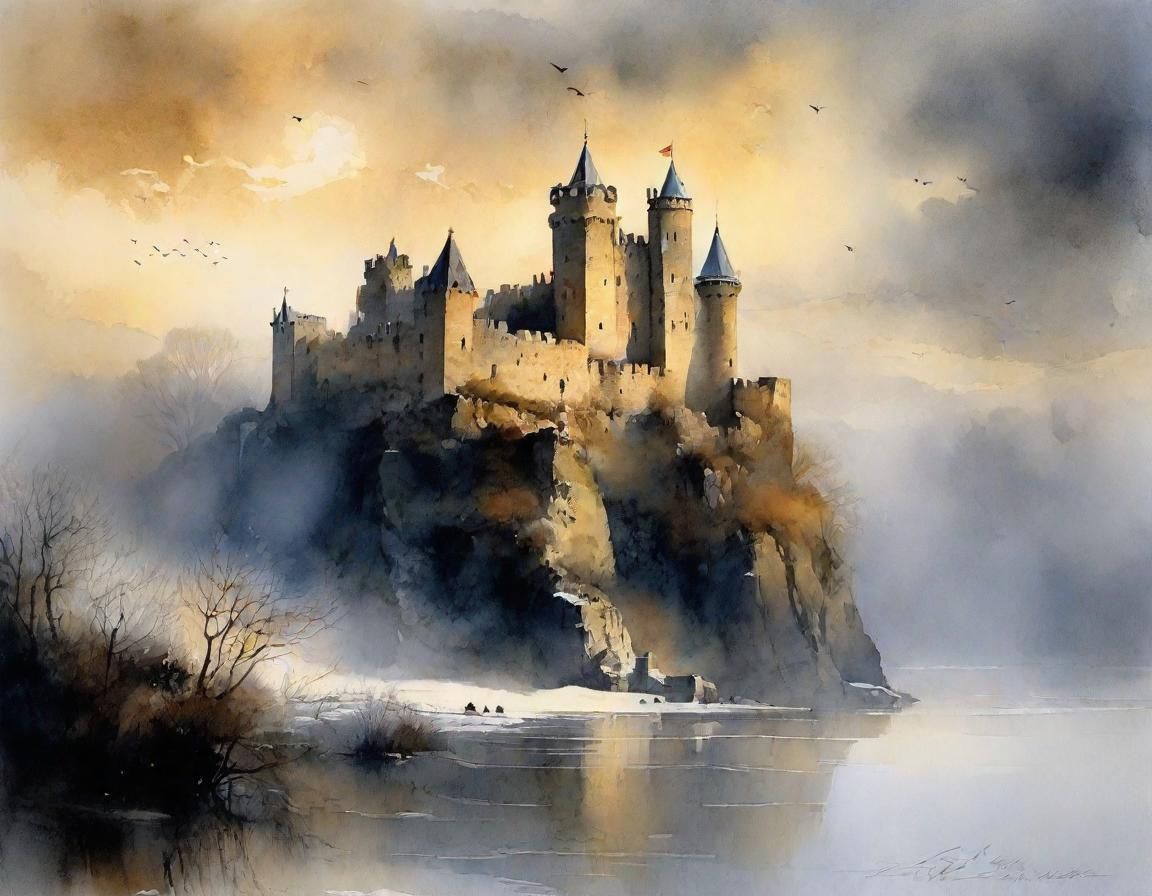 Ruined Castle in Icy Mist Watercolor Painting