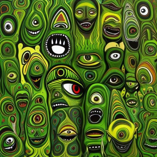 Abstract Monster Faces in Green Aboriginal Surrealist Oil