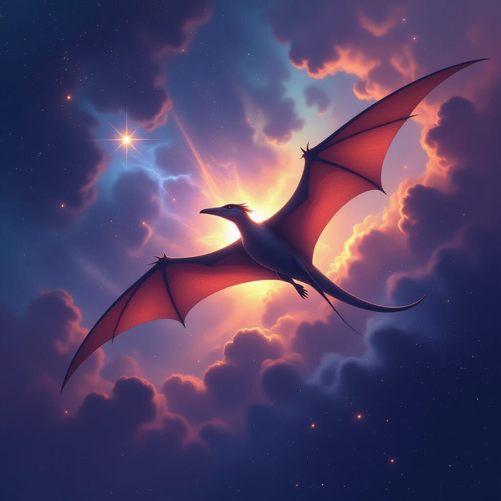 Pterodactyl Soaring Through Vibrant Nebula