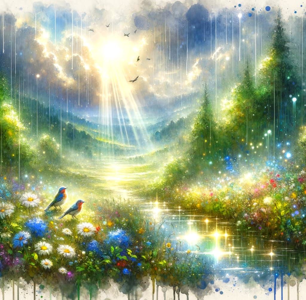 Watercolor Scene of Verdant Valley in Springtime