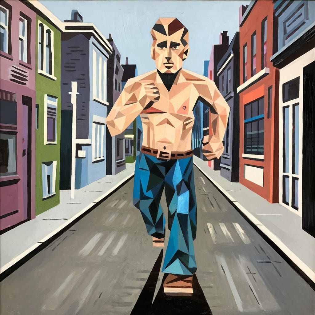 Cubist Man Running Down Street in Comic Book Art