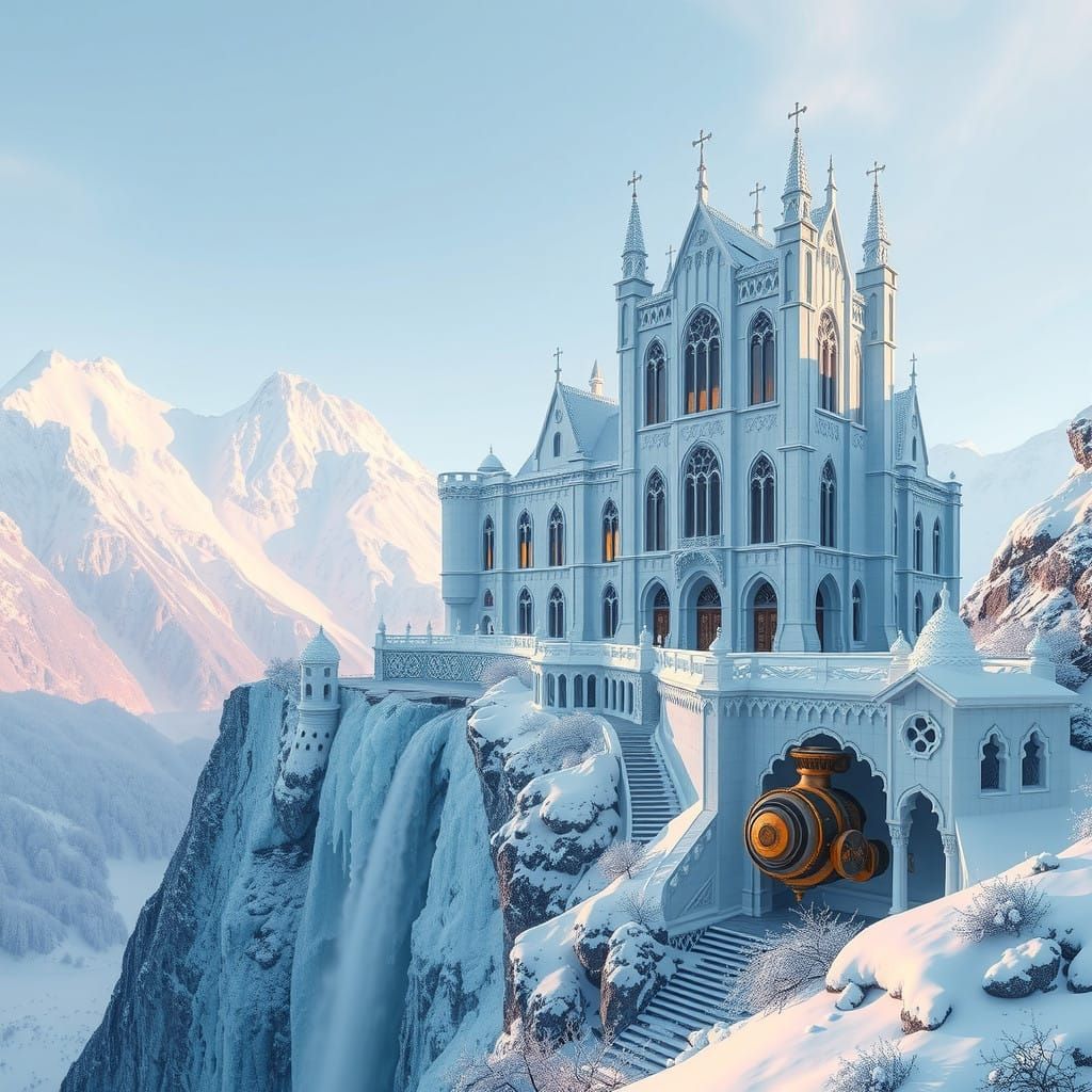 Elegant Gothic Castle Amidst Winter Wonderland in Frozen Mou...