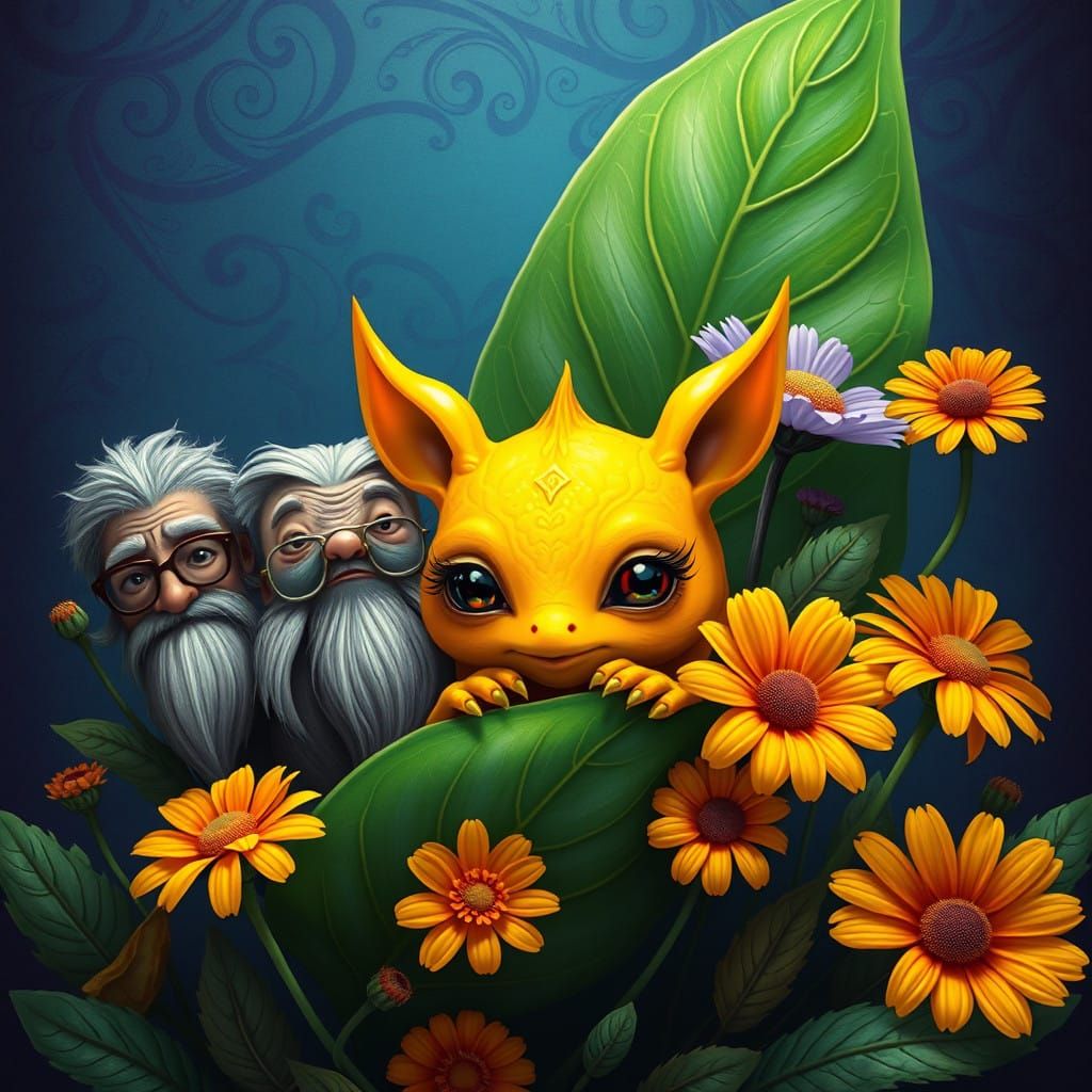 Whimsical Turmeric Creature Surrounded by Fantastical Herb F...