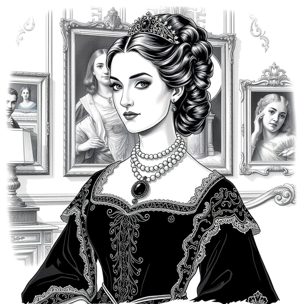 Regal Woman in Detailed Black and White Illustration