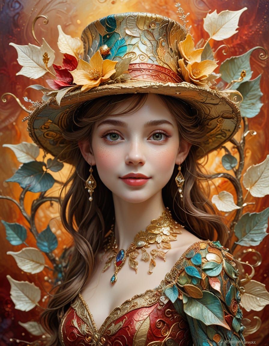 Elegant Elf Portrait with Festive Leaf Hat in Impasto Style