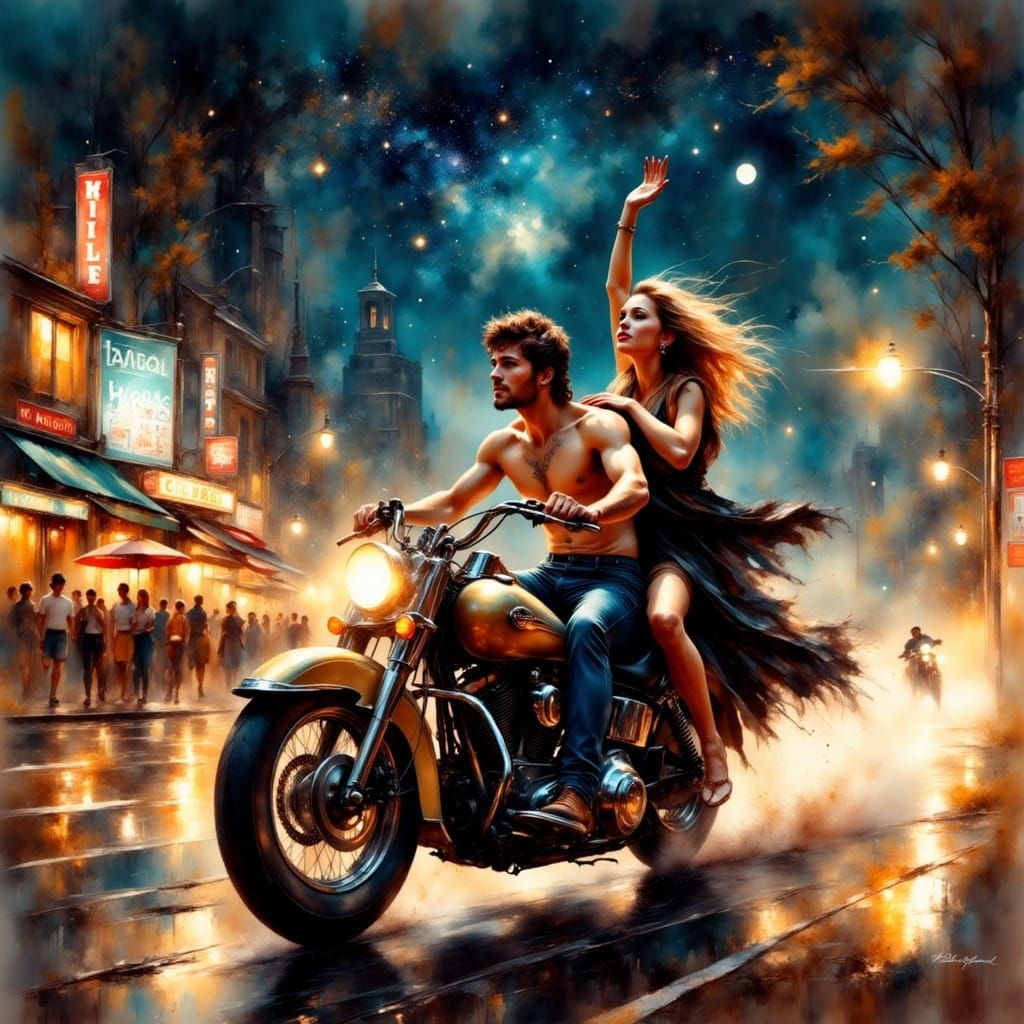 Couple on Motorcycle in Neon Cityscape