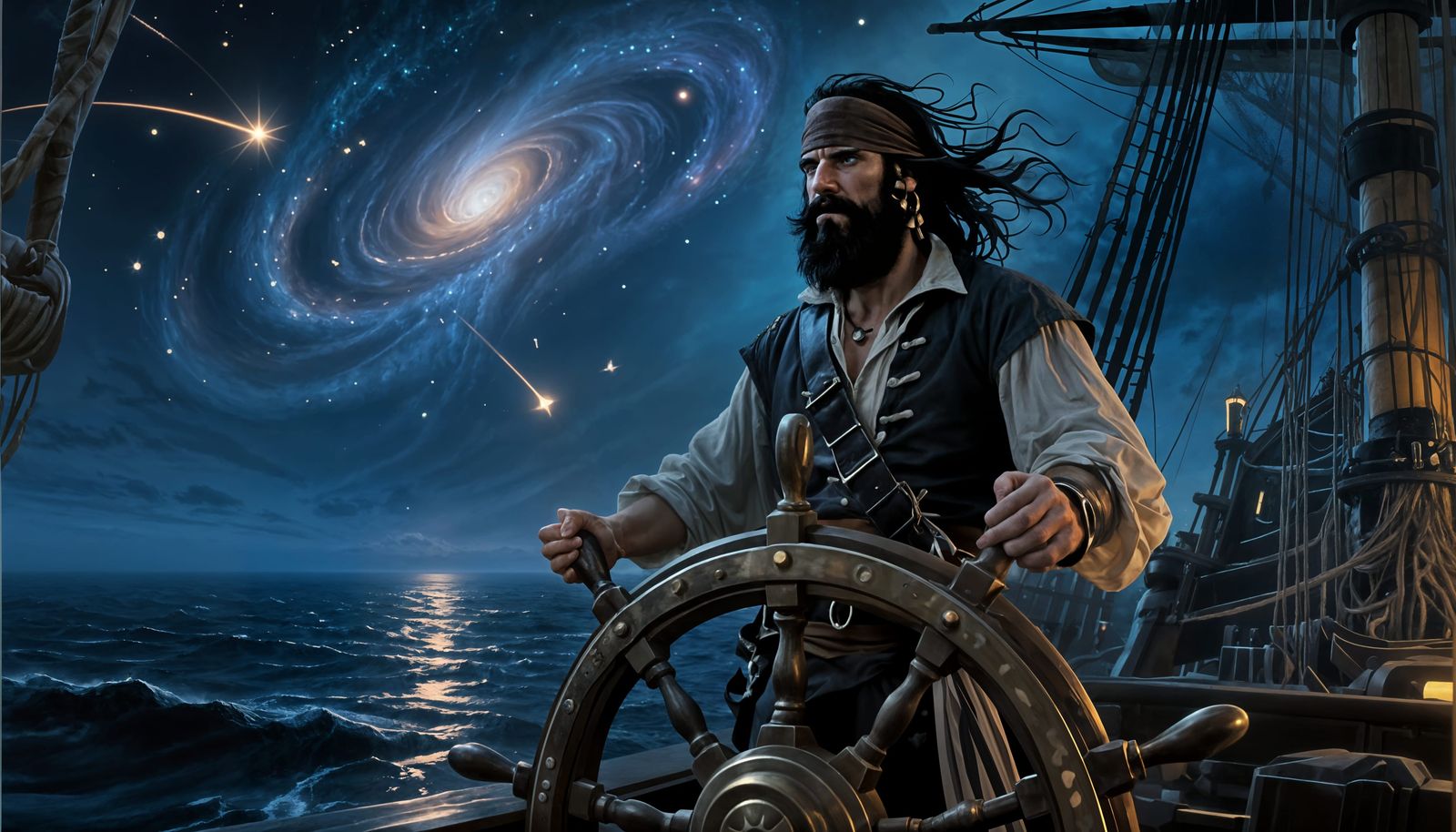 Pirate Captain at the Helm Under Galaxy Sky