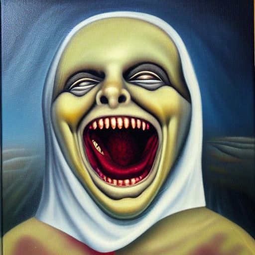 Ominous Deranged Patient Smiling in Oil Painting