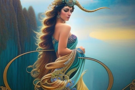 Elegant Beauty with Flowing Hair in Art Nouveau Style