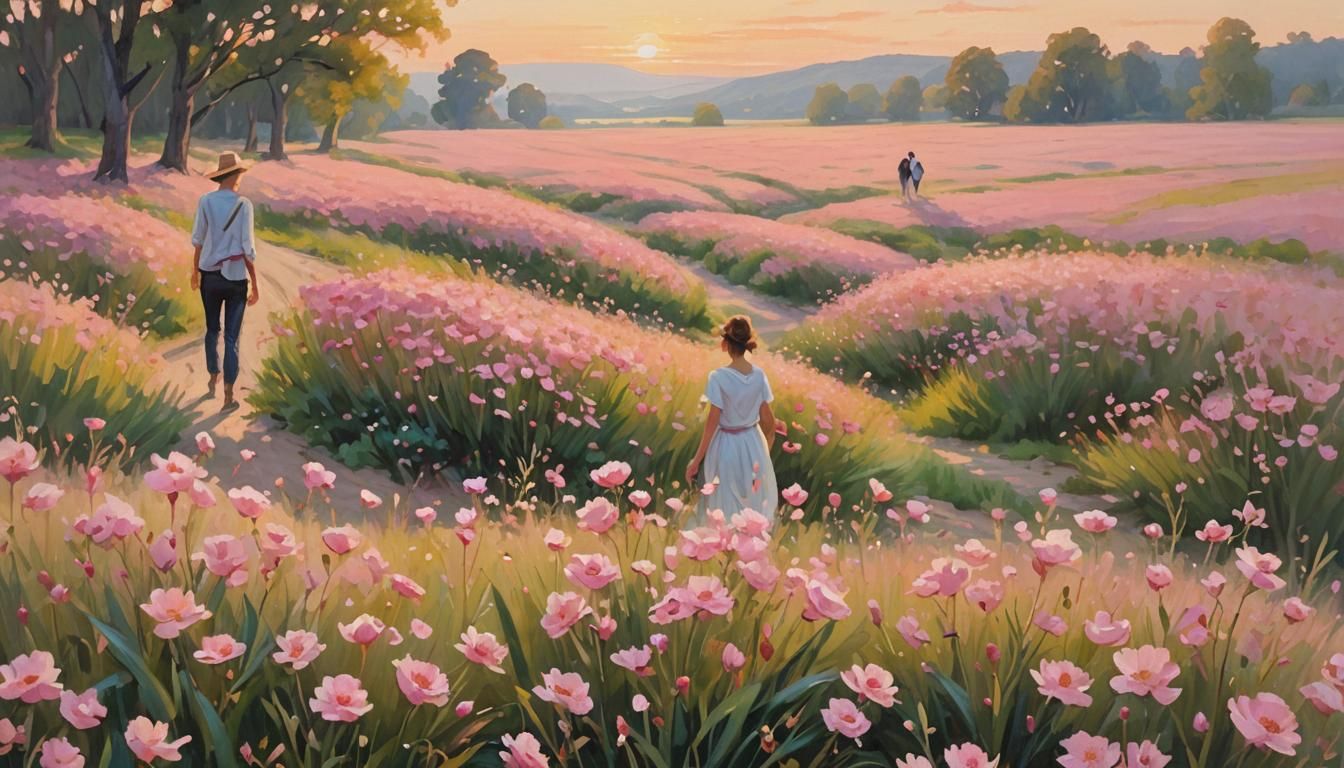 Impressionist Pink Flower Landscape in Pastel Hues