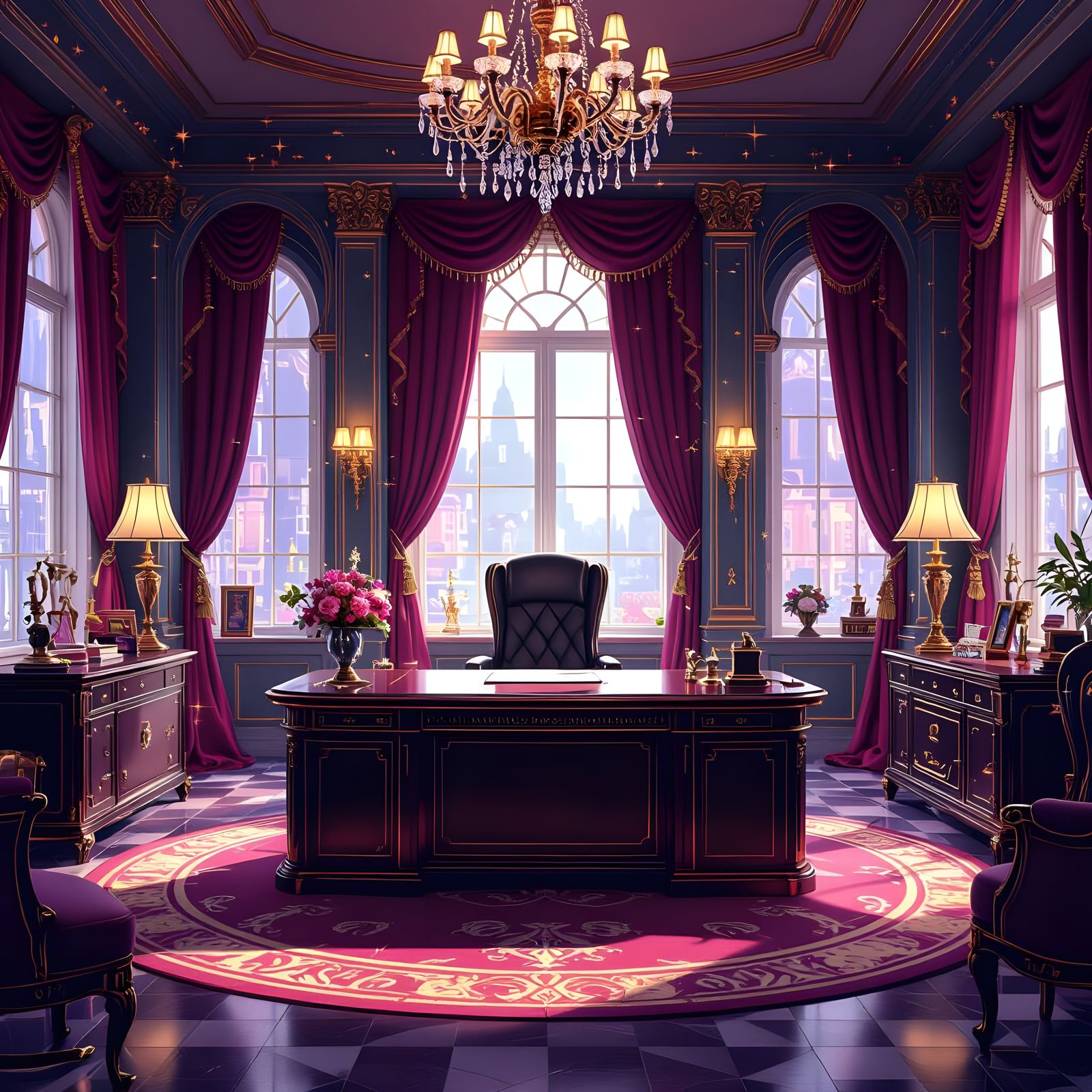 Whimsical Luxury Office with Glamorous Lighting