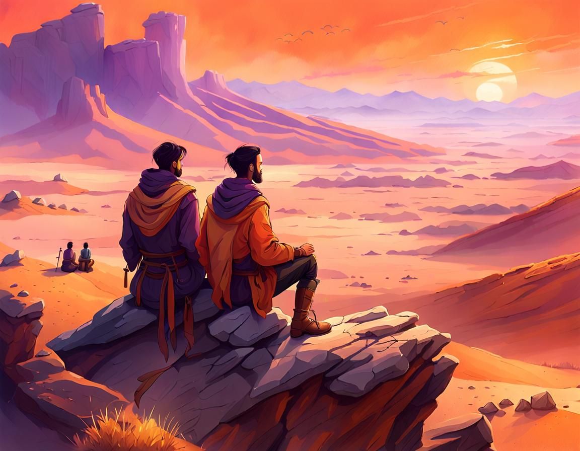 Travelers in Desert Landscape at Sunset