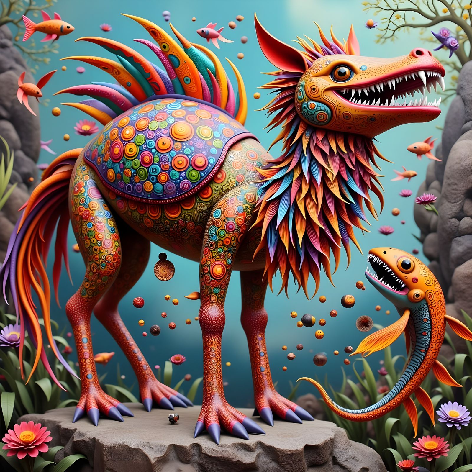 Surreal Hybrid Creature: Camel Heron Koi Alligator Alebrije