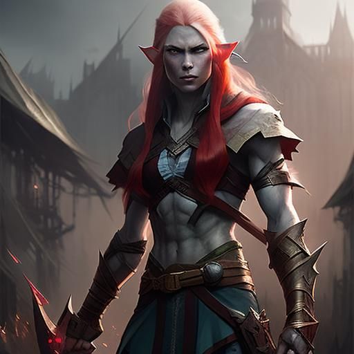 Sinister Elf Girl with Crimson Hair and Pink Eyes