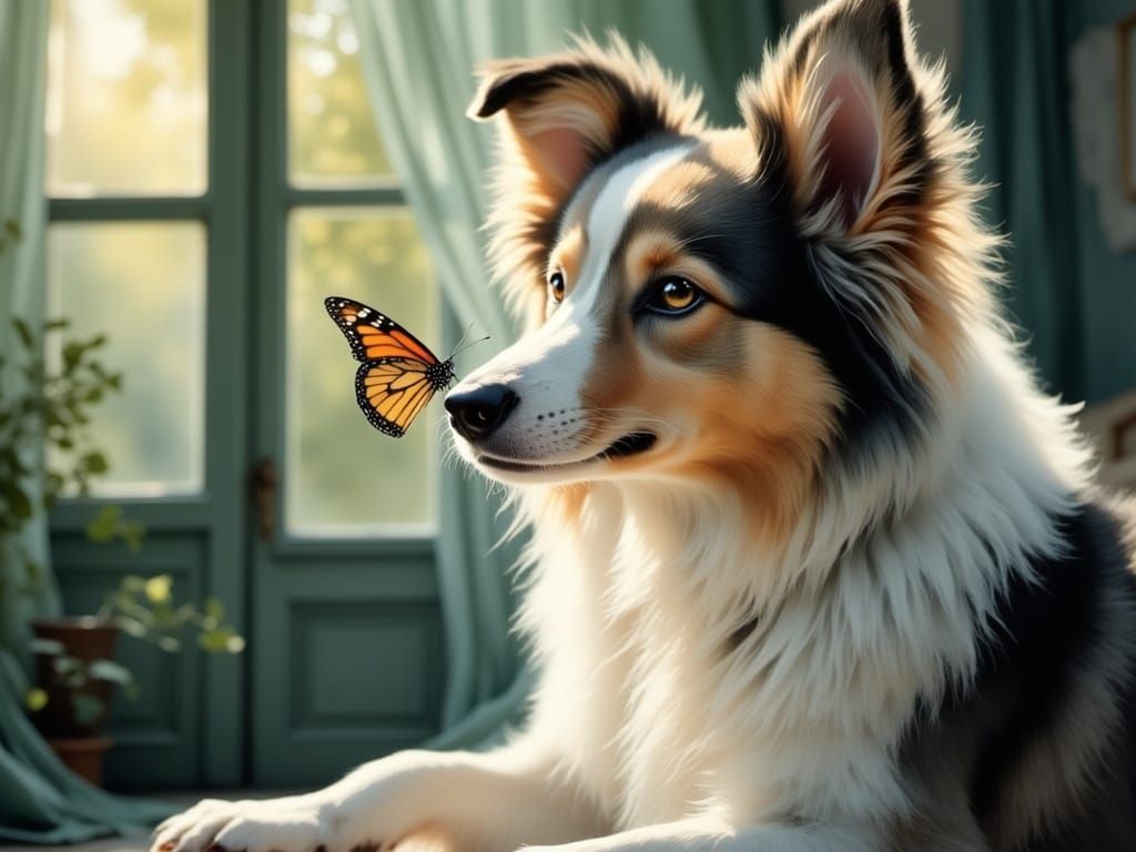 Ethereal Collie Puppy with a Delicate Monarch