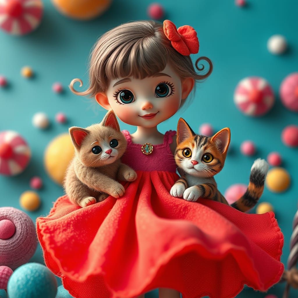 Felt Wonderland: Whimsical Girl and Cat in Super Felt Style
