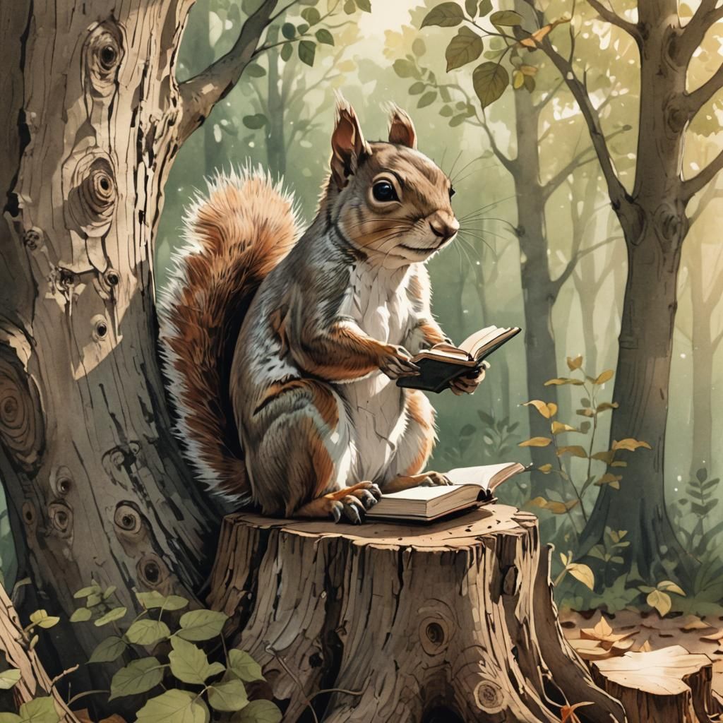 Squirrel Reading Book: Ink Illustration in Sunlight