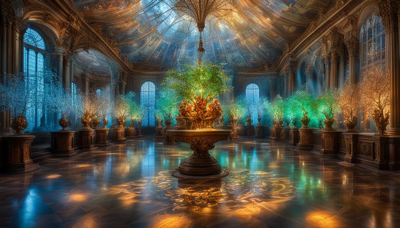 Ballroom with Crystal Chandeliers and Pixies