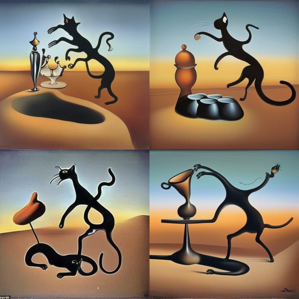 Dancing Cat in Surreal Desert Landscape