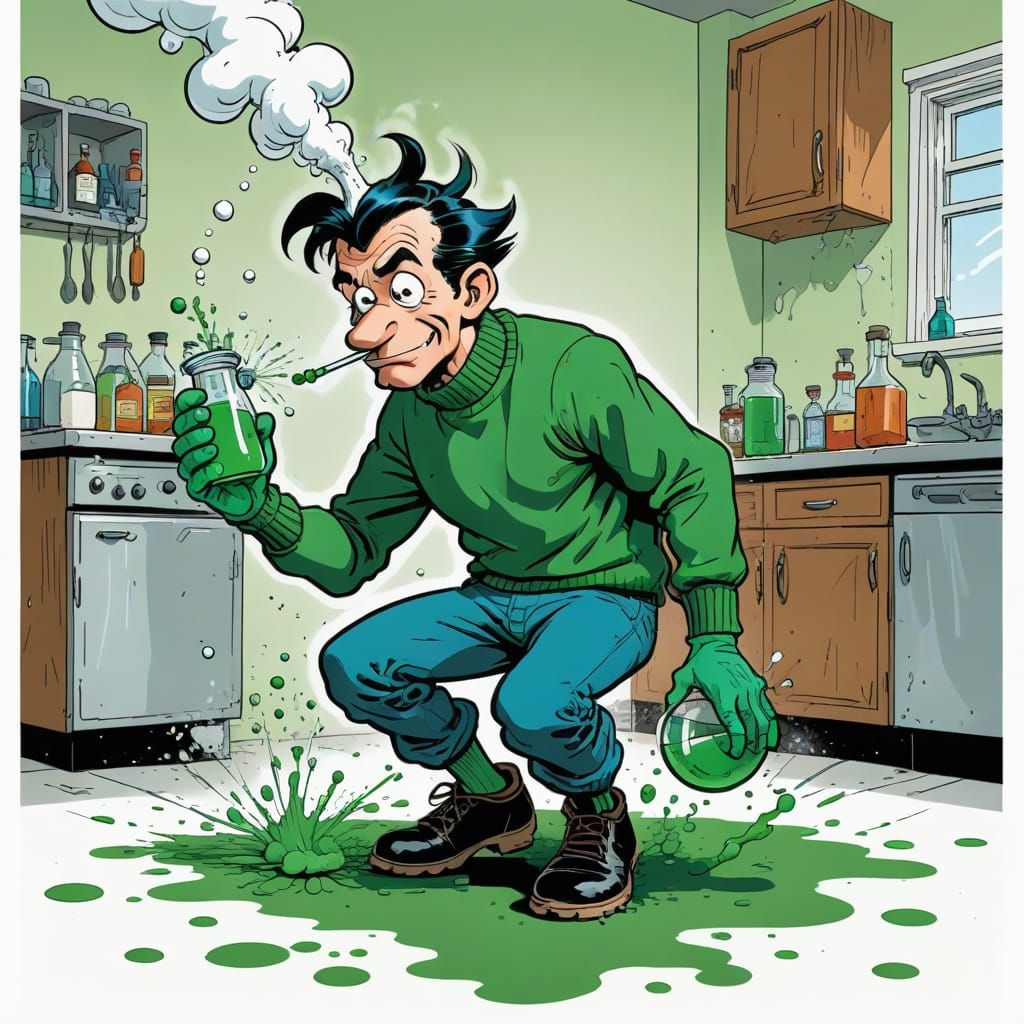 Gaston Lagaffe in a Franquin-Style Lab Mishap