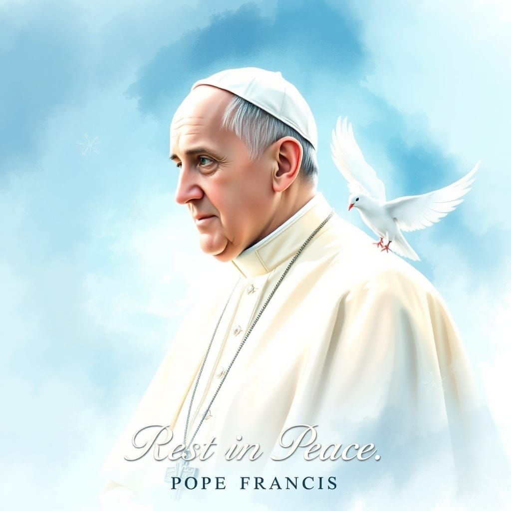 A Serene Watercolor Portrait of Pope Francis in Soft, Ethere...