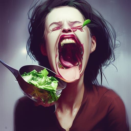 Sinister Woman Laughing While Eating Salad