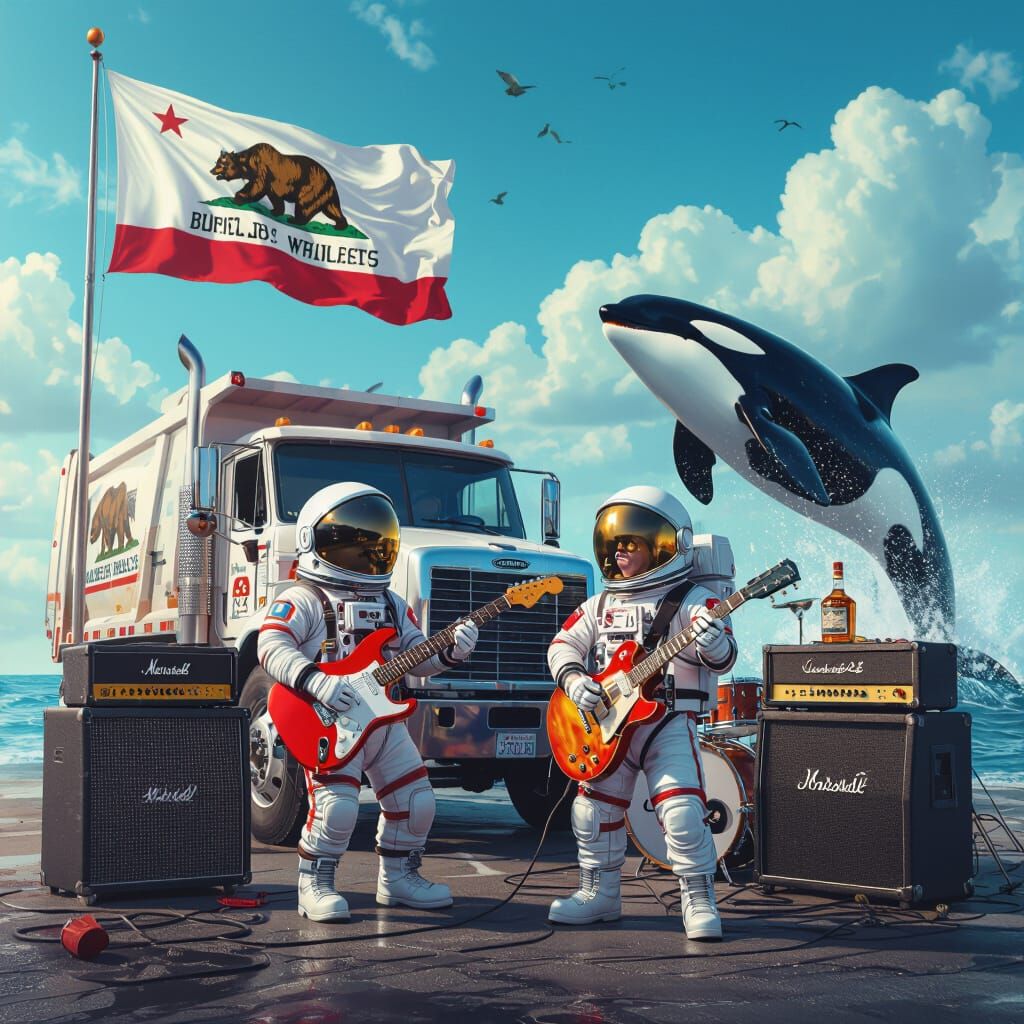 Astronaut Plays Guitar Beside Garbage Truck and Killer Whale