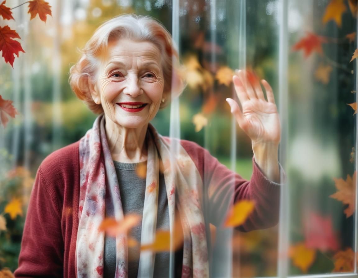 Elderly Woman's Farewell: Double Exposure Autumn Scene