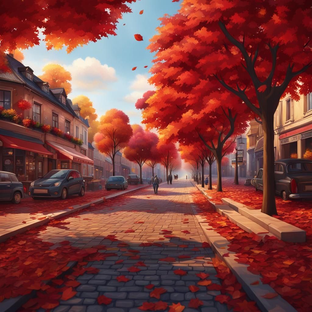Hyperrealistic Autumn Leaves Falling on Main Street