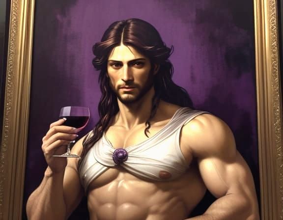 Bacchus God of Wine in Purple Watercolor Fresco Style
