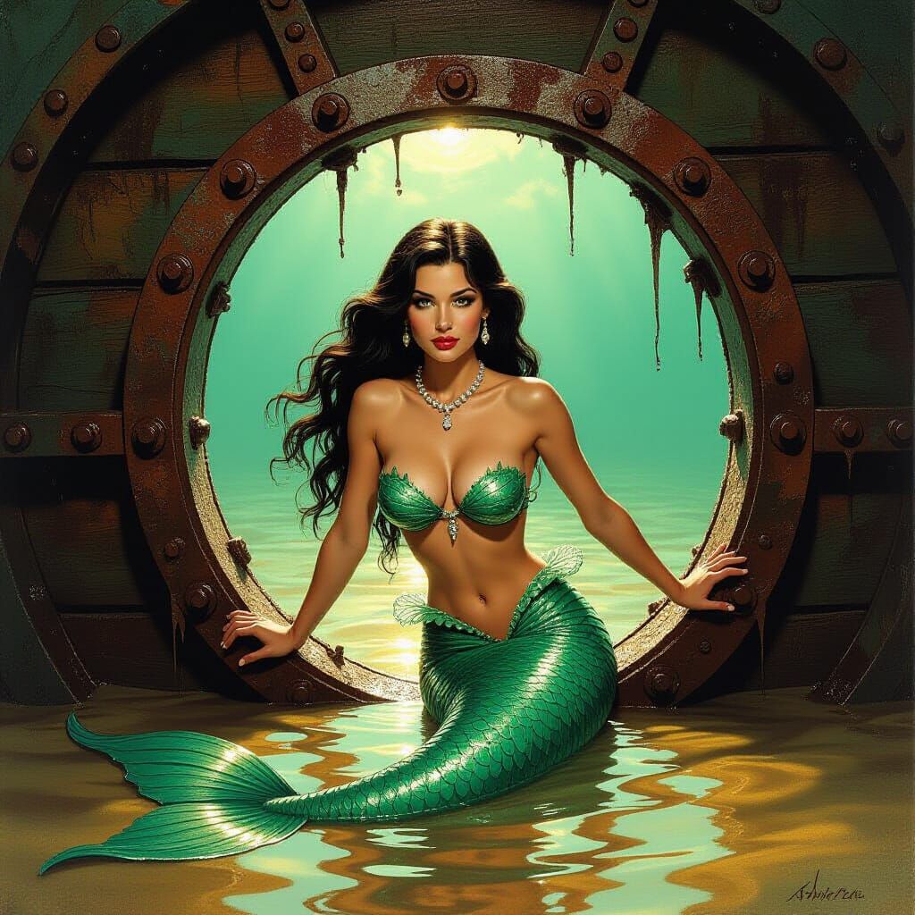 Mermaid in Sunken Ship Porthole, Frazetta Style
