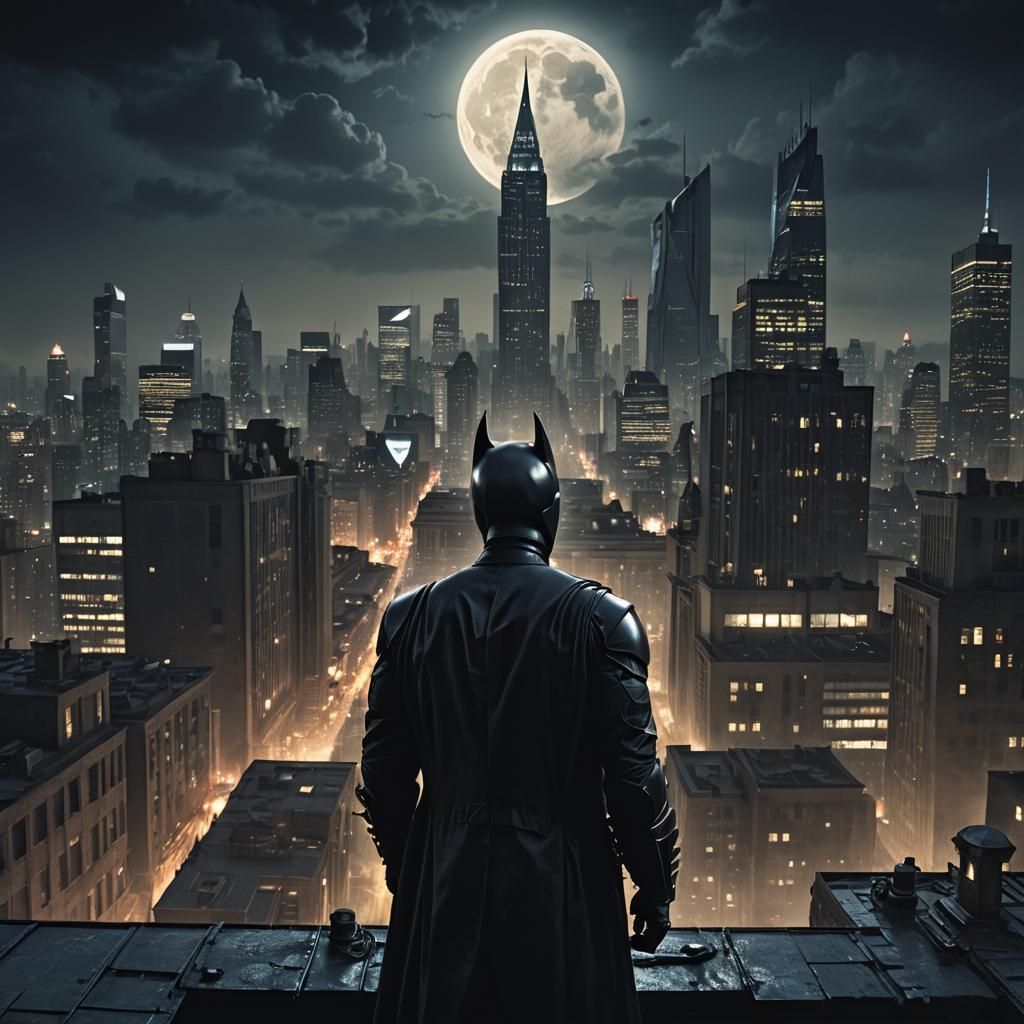 The Dark Knight on Gotham Rooftop: Cinematic Digital Art