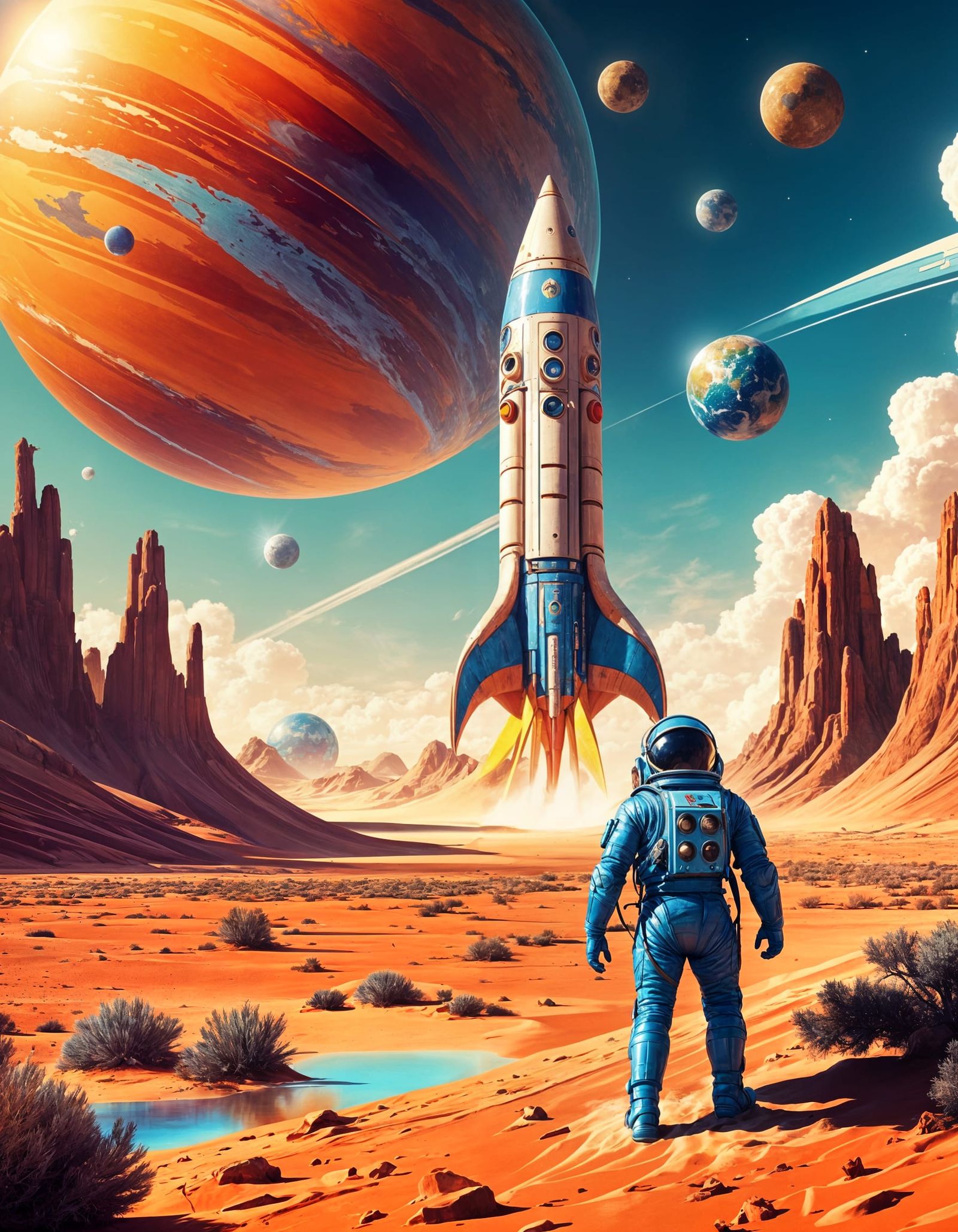 Retro Rocket Launch on Desert Planet