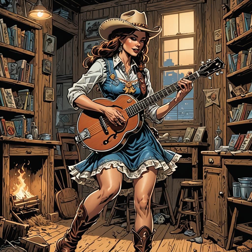 Woman in Cowboy Boots Plays Banjo: Comic Book Art