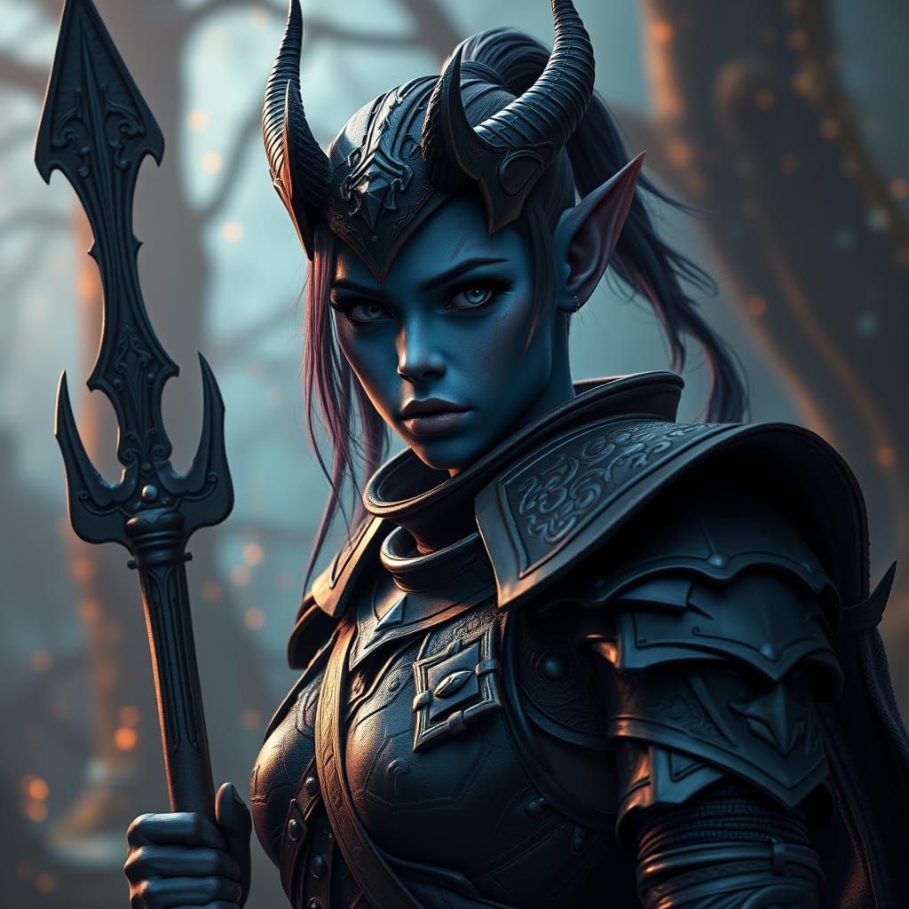 A female tiedling with blue skin from D&D.