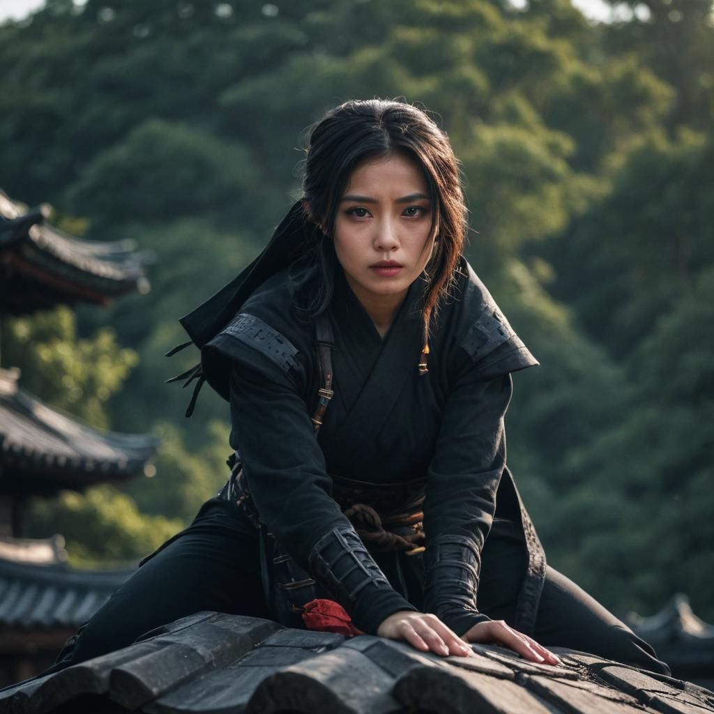 Mysterious Ninja Woman on Pagoda Roof
