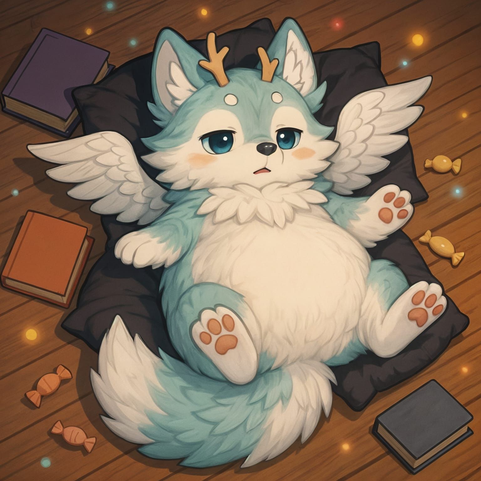 Adorable Chubby Wolf with Wings and Antlers