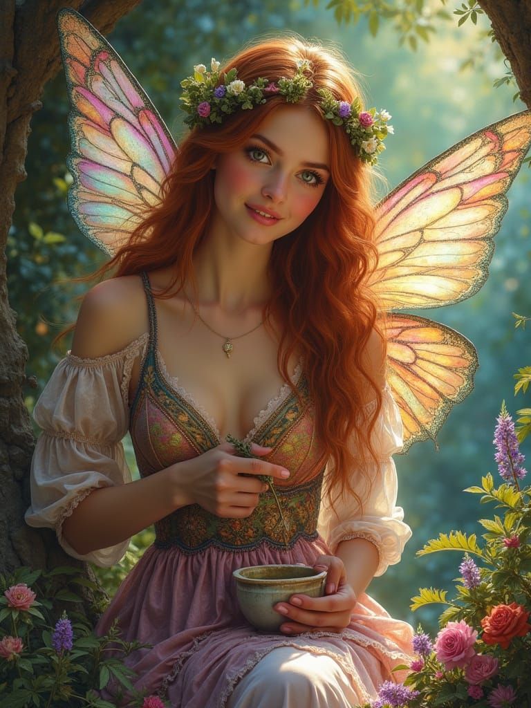 Fairy Preparing Herbal Remedies in Magical Cottage